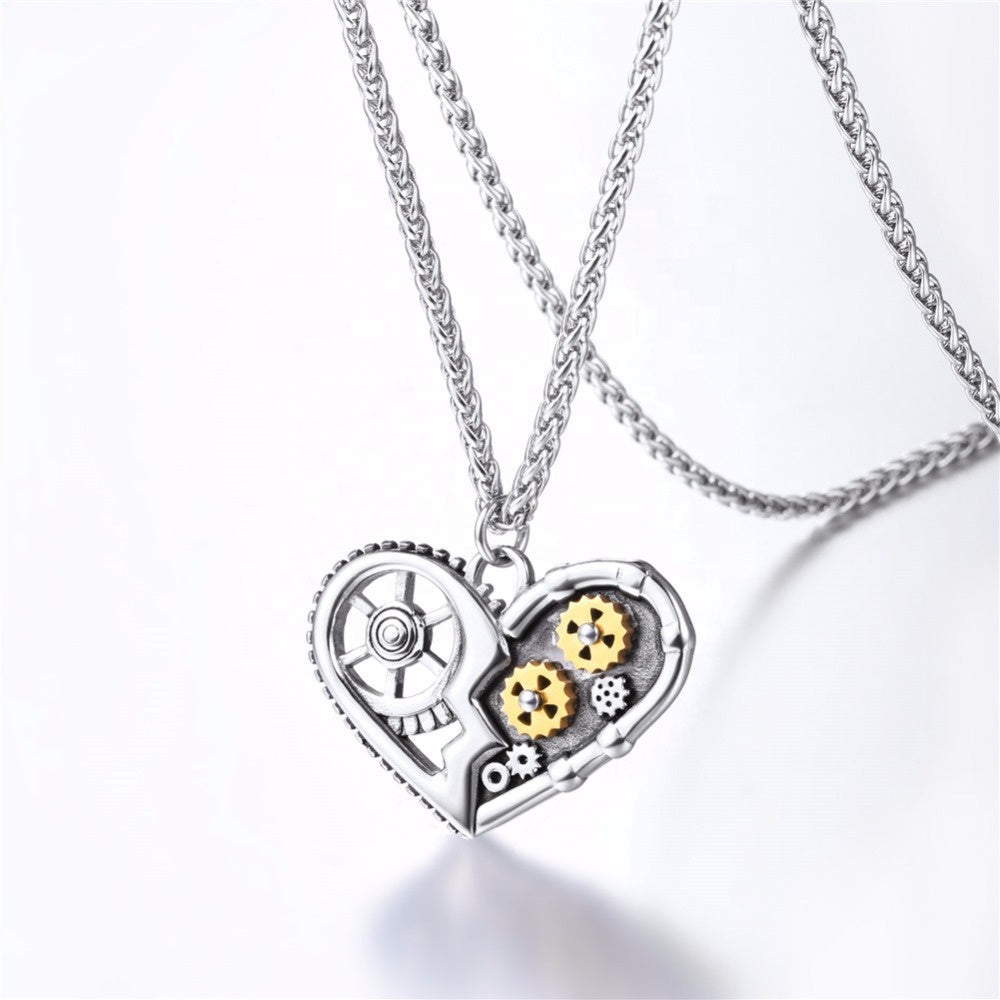 Quality Black Stainless Steel Mechanical Gear Heart Pendant Necklaces