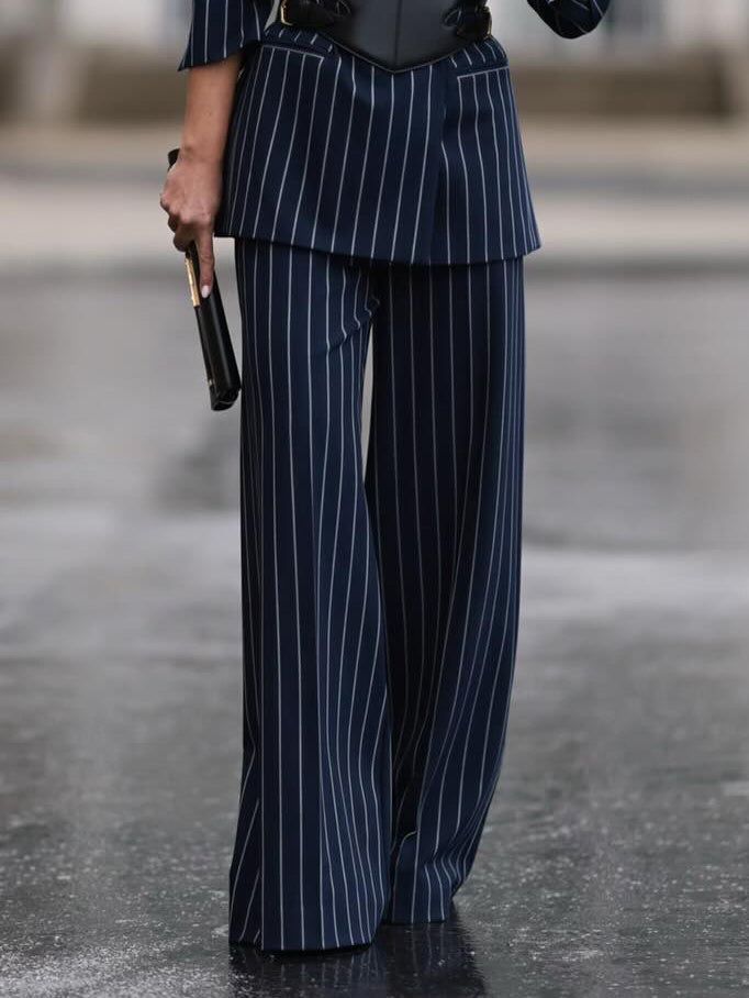 Elegant Striped Blazer & High Waist Pants Set