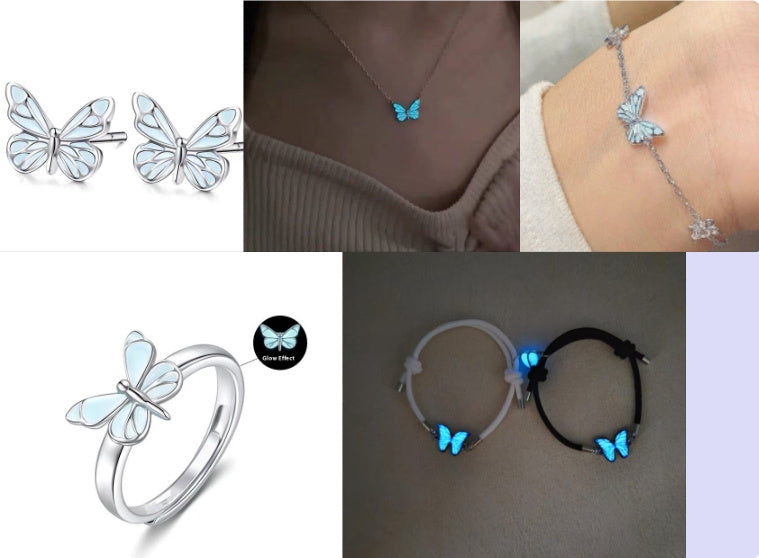 Fashion Blue Luminous Butterfly Necklace Bracelet Set