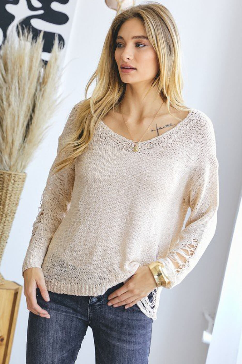 Davi & Dani Distressed Drop Shoulder Knit Top