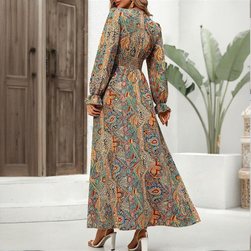 Women's V-Neck Retro Geometric Print Flounce Sleeve Dress