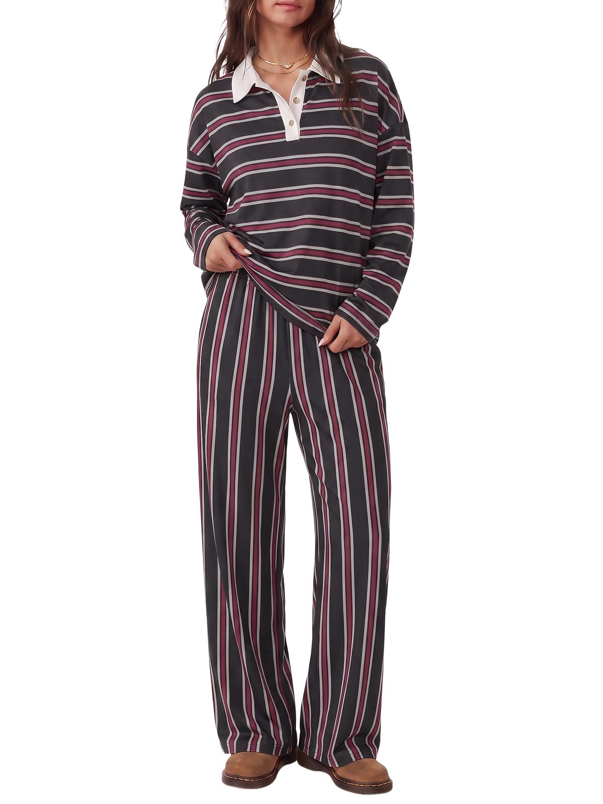 Tankaneo Womens Striped 2 Piece Lounge Sets Long Sleeve Pants Sets