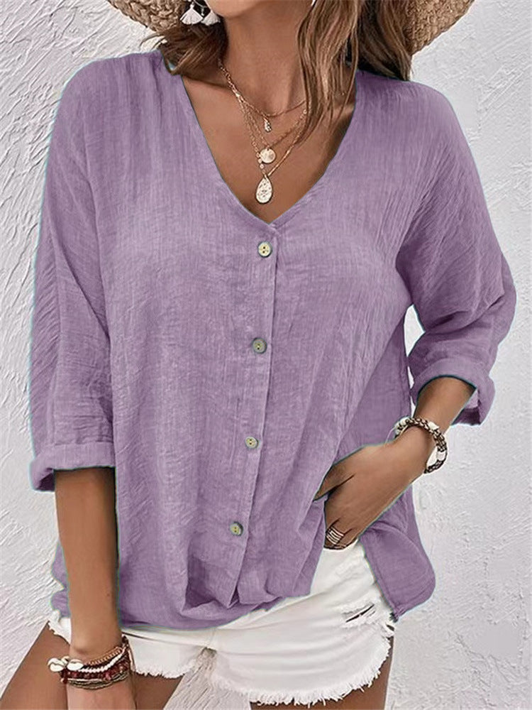 V-neck Long-sleeved T-shirt Fashion Solid Color Button Top