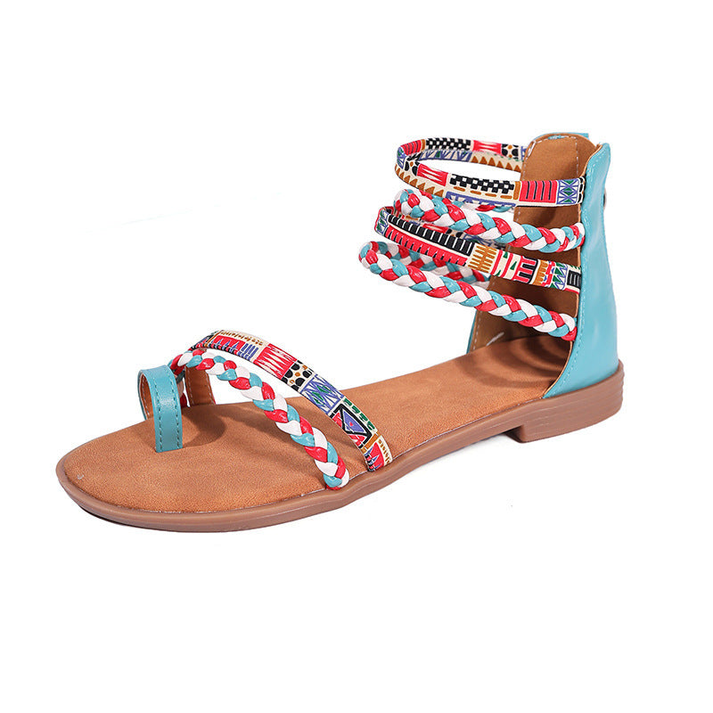 Ethnic Style Flat Sandals Summer Clip Toe Colorful Weave-straped Shoes