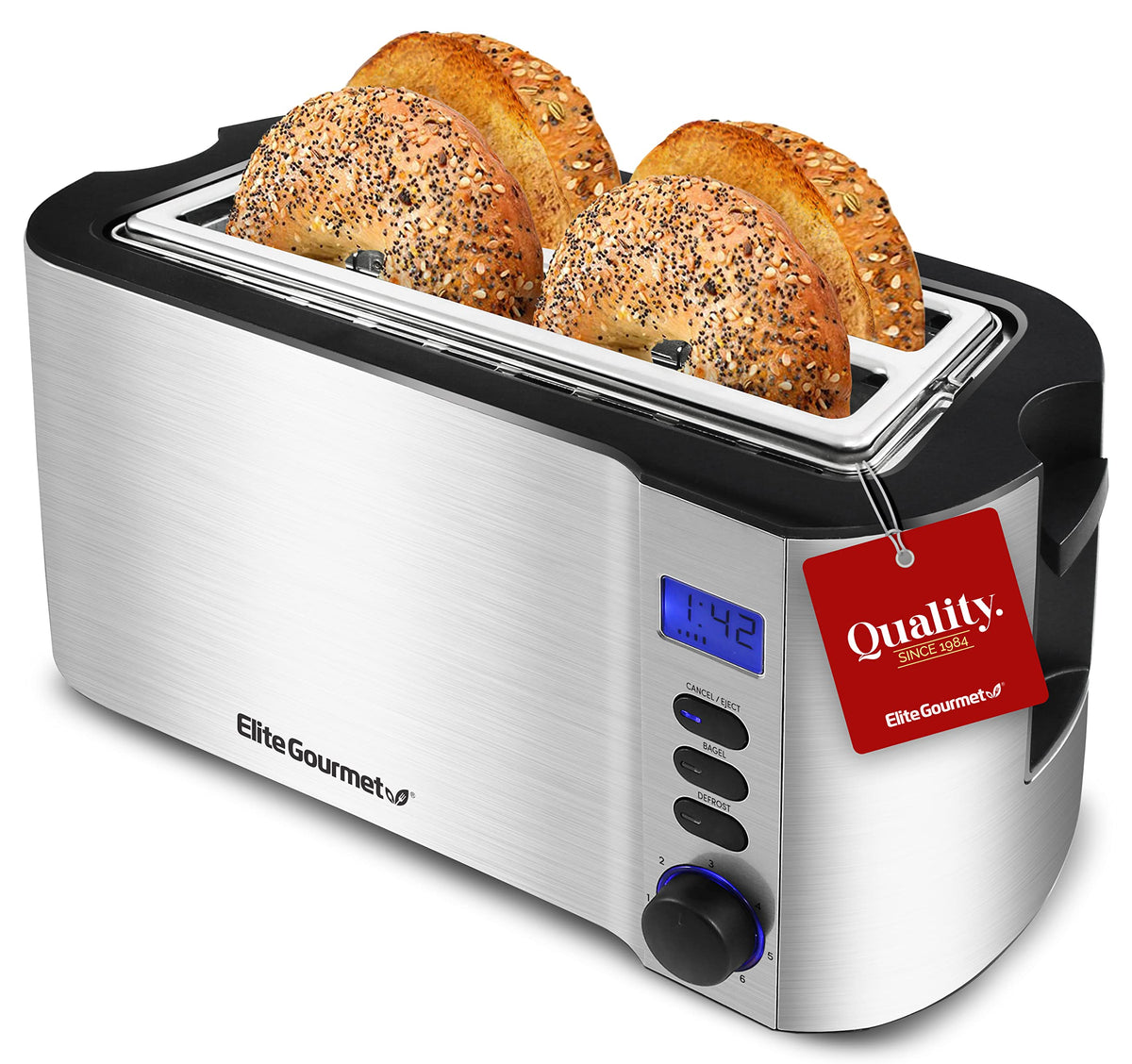 Elite Gourmet ECT4829B Maxi-Matic 4 Slice Long Slot Toaster 6 Toast Settings, Defrost, Reheat, Cancel Functions, Extra Wide 1.5"" Slots for Bagels Waffles, Slide Out Crumb Tray", black