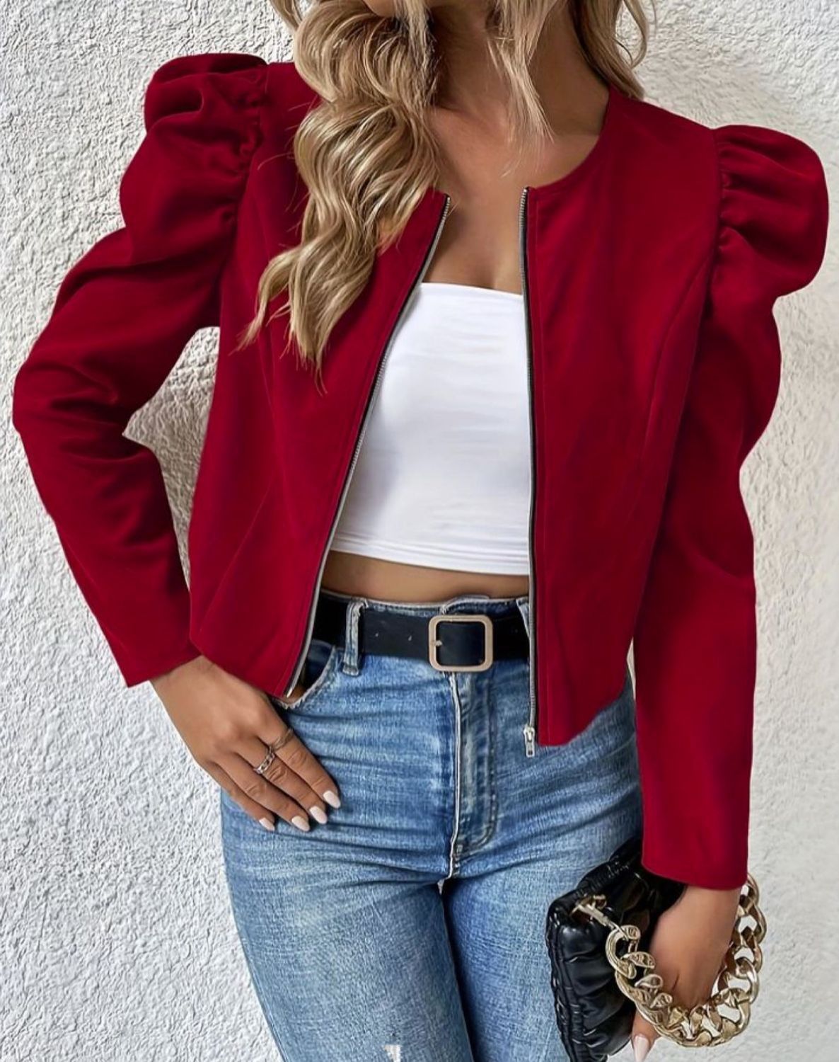 Round Neck Cardigan Zipper Bubble Long Sleeve Coat Women's Clothing