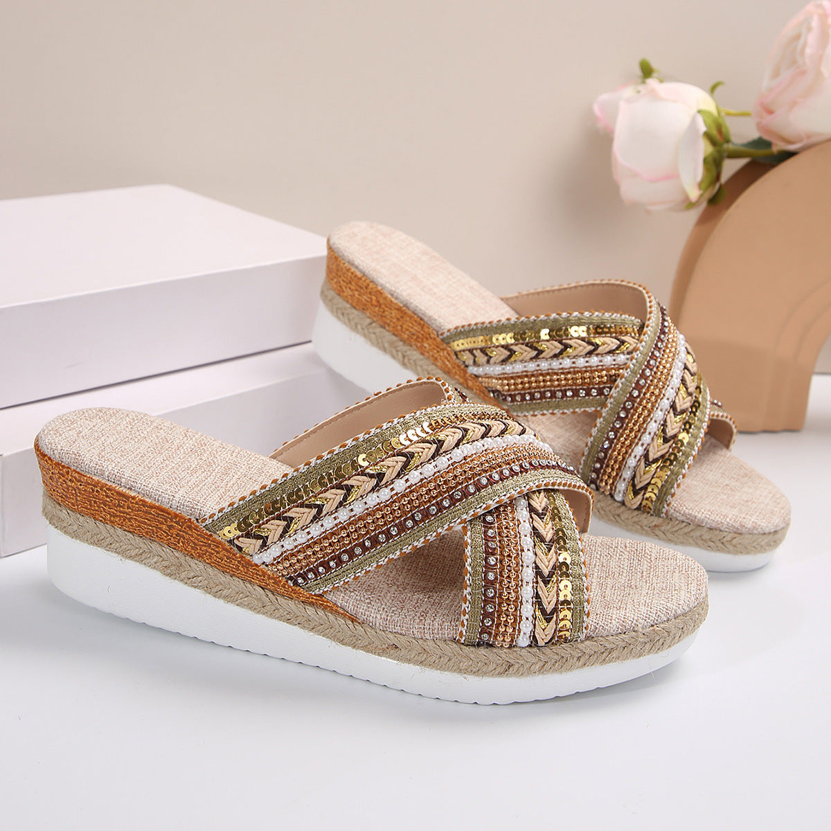 Linen Wedge Sandals Summer Ethnic Style Cross-strap Sandals