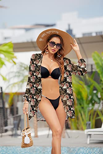 PCEAIIH Women's Floral Kimono Cardigans Chiffon Casual Loose Open Front Cover Ups Tops(Small, Black)