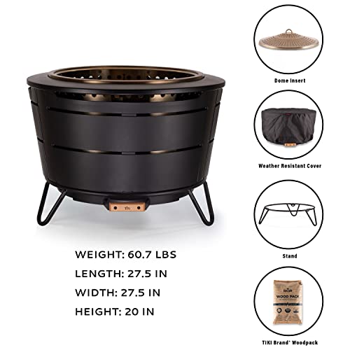 TIKI Brand Smokeless 24.75 in. Patio Fire Pit, Wood Burning Outdoor Fire Pit - Includes Wood Pack, Modern Design with Removable Ash Pan and Weather Resistant Cover, Black
