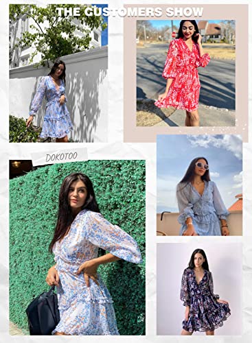 Dokotoo Women Dresses Cute Spring Boho Fall Casual Sexy Deep V Neck Ruffle Chiffon Lantern Long Sleeve Elegant Floral Printed Hawaiian Flowy Mini Short Skirt Dresses for Women Party 2022 X-Large