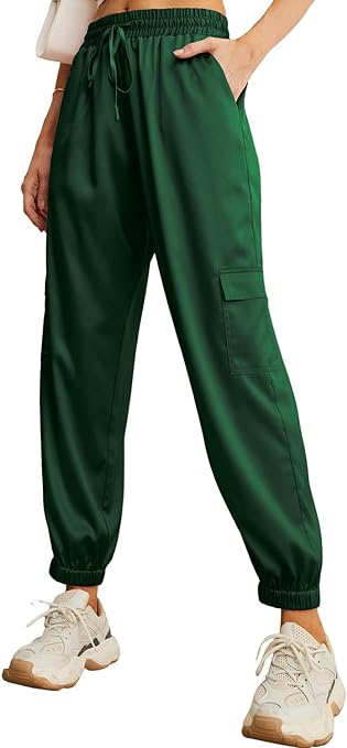 IWOLLENCE Satin Cargo Joggers for Women Drawstring Stretchy High Waist Casual Lounge Pants with Pockets