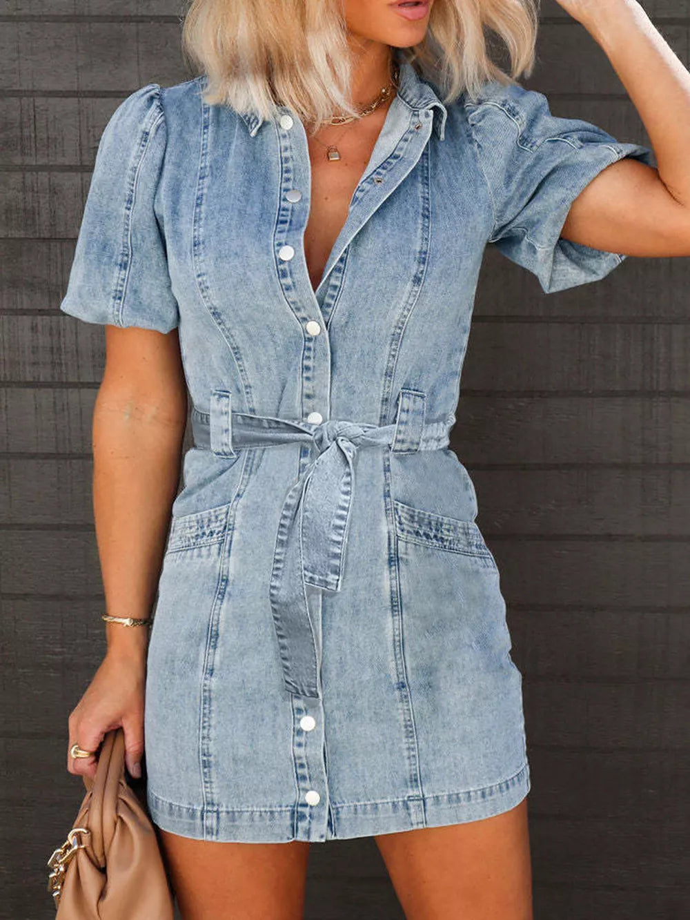 Featured image for Ultimate Review: Puff Sleeve Button Up Mini Denim Dress