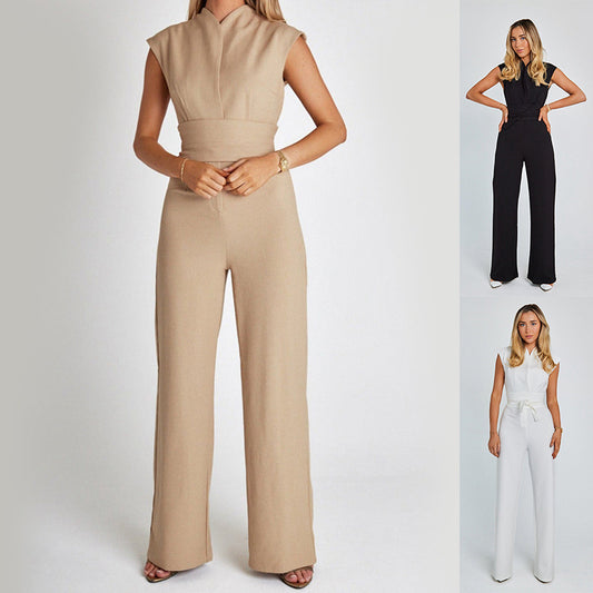 Fashion Elegant Long Sleeveless Jumpsuit Summer V-neck Casual Wide Leg Long Overalls