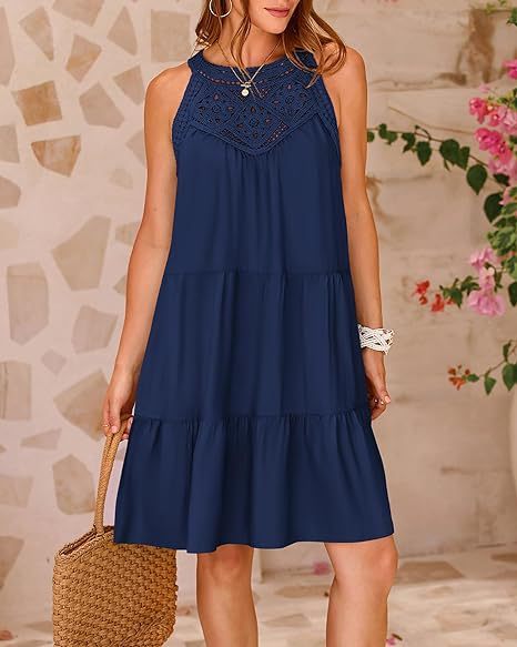 Summer Halterneck A-line Dress With Flower Hollow Lace Design