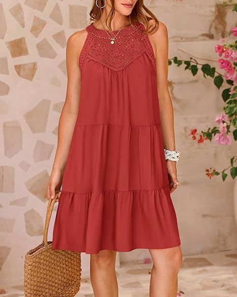 Summer Halterneck A-line Dress With Flower Hollow Lace Design