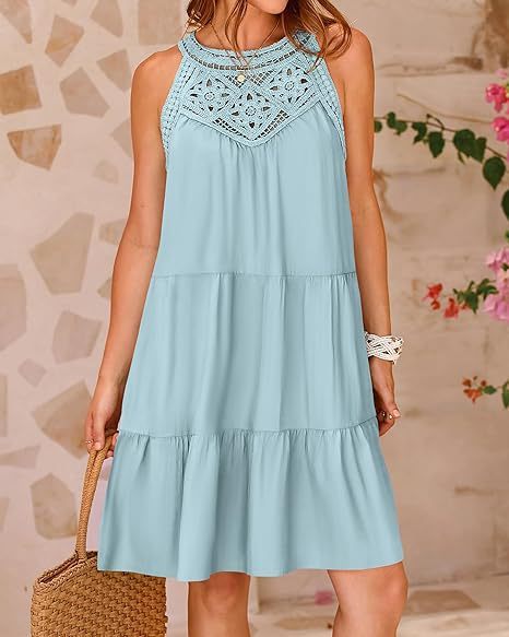 Summer Halterneck A-line Dress With Flower Hollow Lace Design