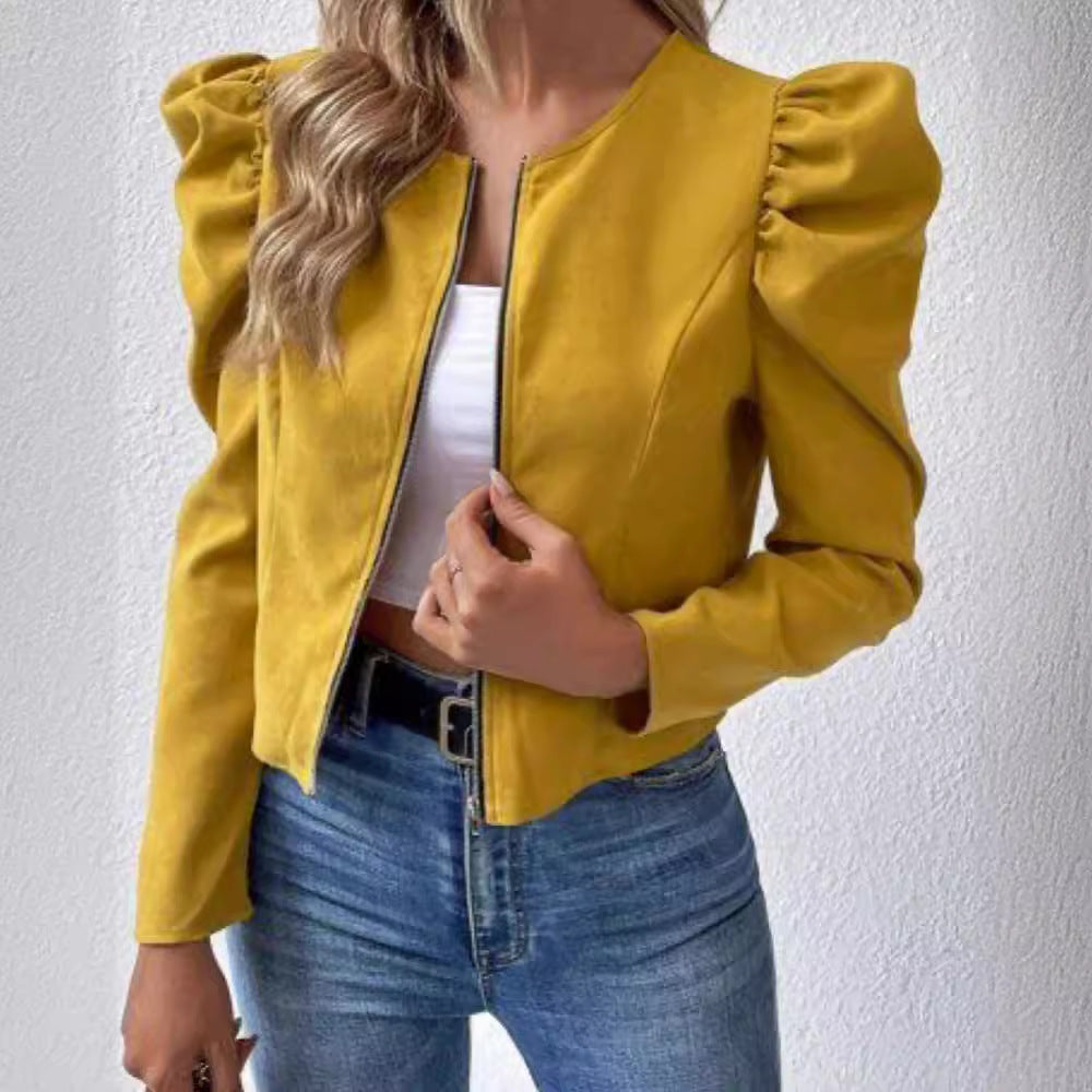 Round Neck Cardigan Zipper Bubble Long Sleeve Coat Women's Clothing