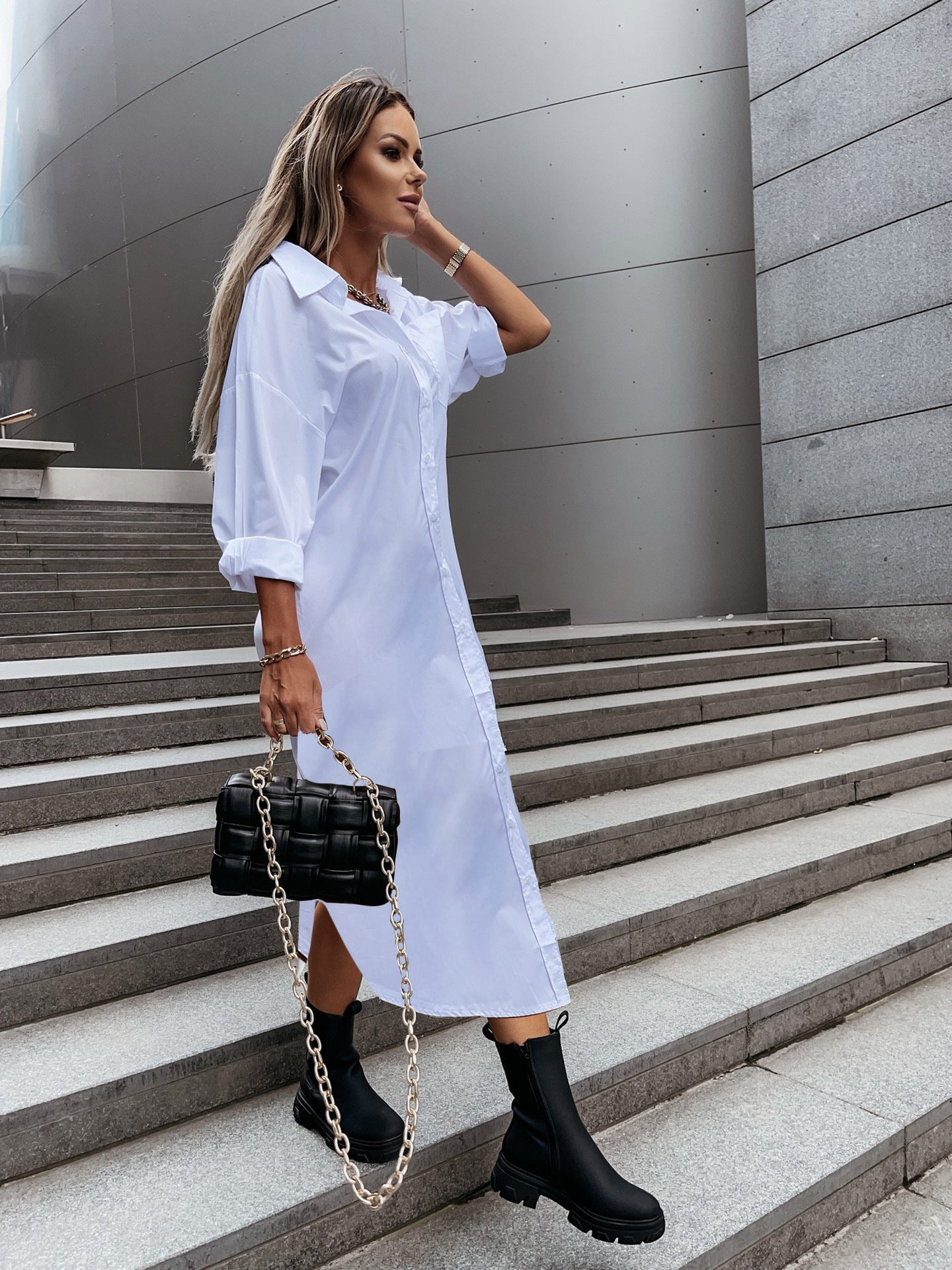 Autumn Fashionable With Side-slit Loose Casual Solid Color Shirt Dress