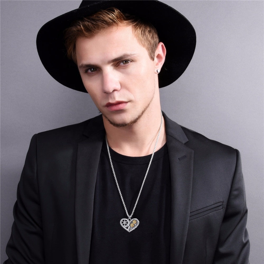 Quality Black Stainless Steel Mechanical Gear Heart Pendant Necklaces