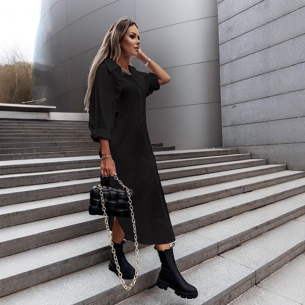 Autumn Fashionable With Side-slit Loose Casual Solid Color Shirt Dress