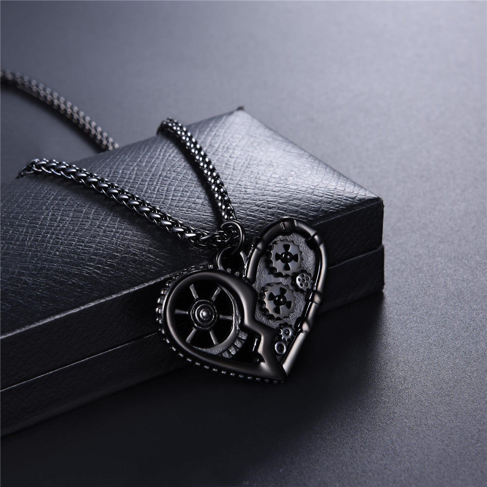 Quality Black Stainless Steel Mechanical Gear Heart Pendant Necklaces