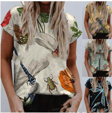 EBay Female Dragonfly Print Crew Neck T-shirt