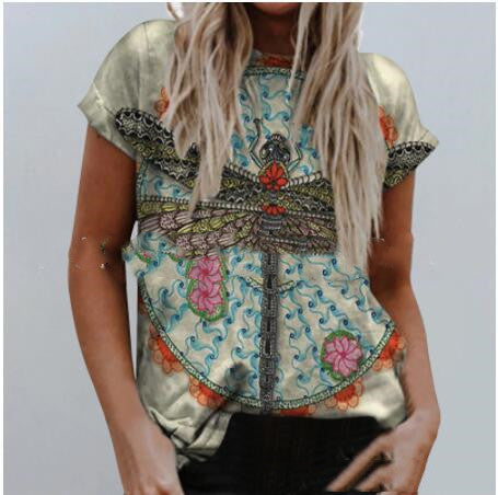 EBay Female Dragonfly Print Crew Neck T-shirt