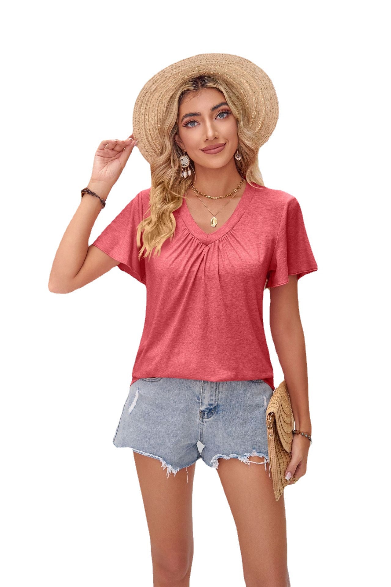 Solid Color Pleating V-neck Ruffled Sleeve Loose Top