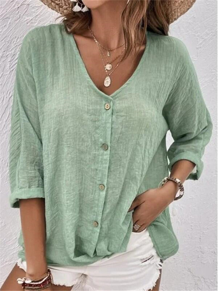 V-neck Long-sleeved T-shirt Fashion Solid Color Button Top