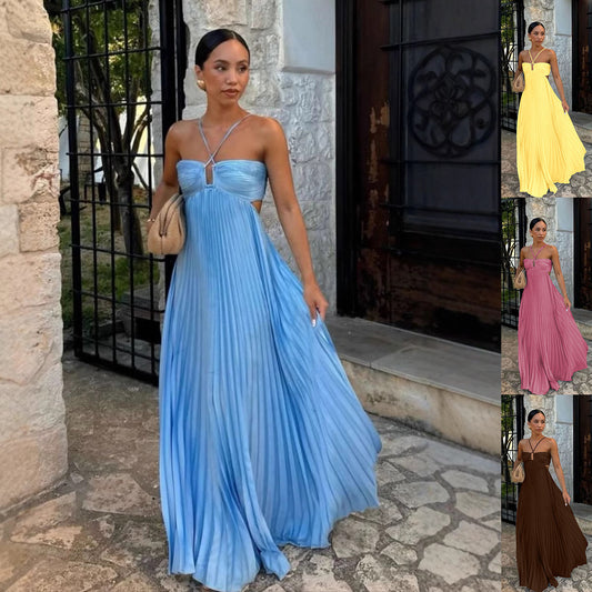 Ins Pleated Sleeveless Sling Dress Hollow High Waist Halter Robe Dresses