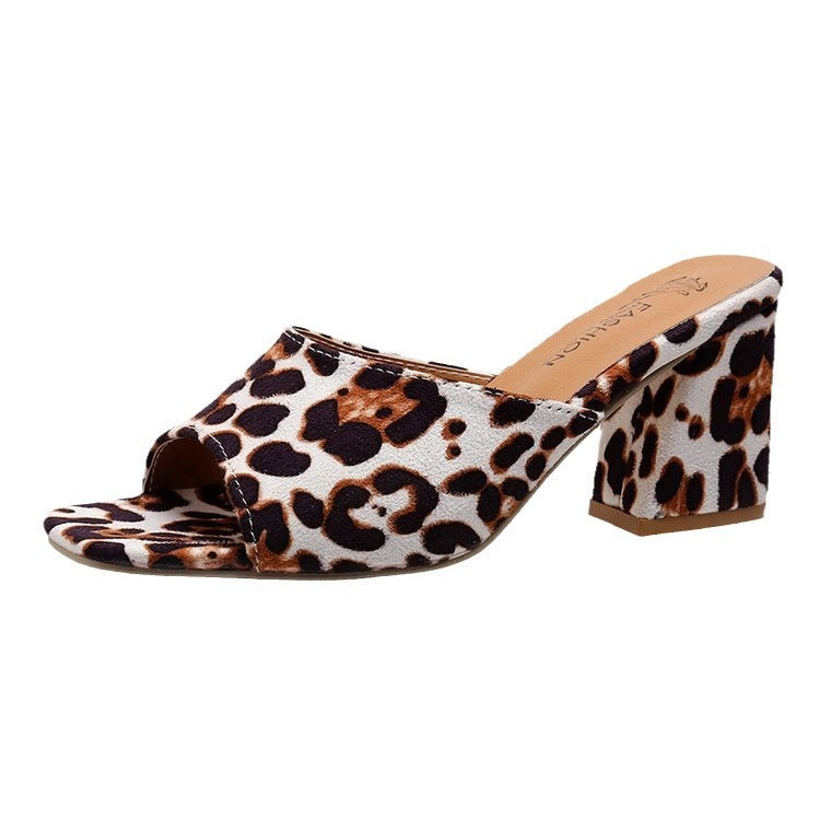 Leopard Square Toe Sandals Summer High-heeled Slippers