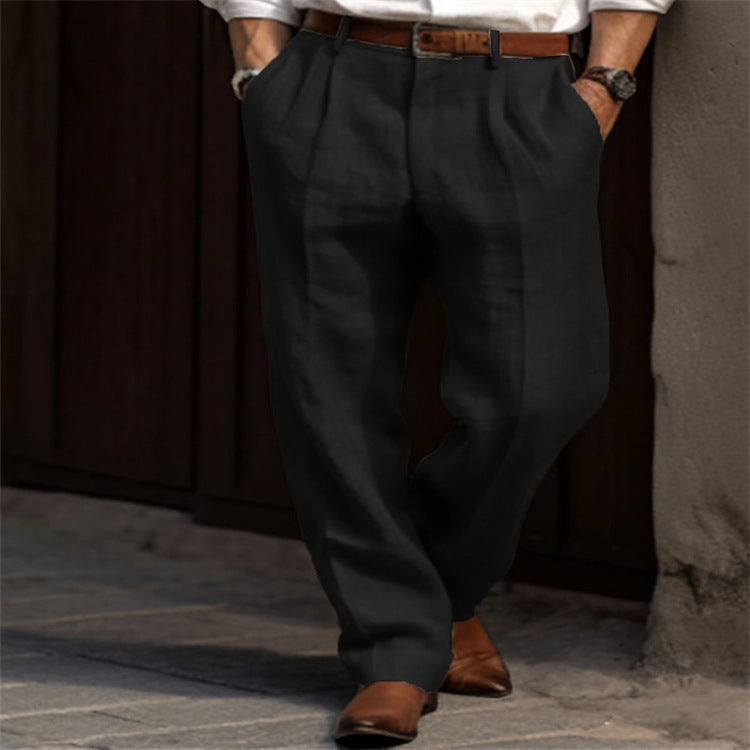 Men's Linen Trousers Double Pleated Front Pocket Straight