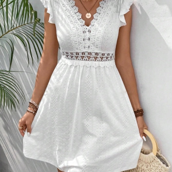 Knitted Jacquard Hollow Elastic See-through Lace Butterfly Sleeve Dress