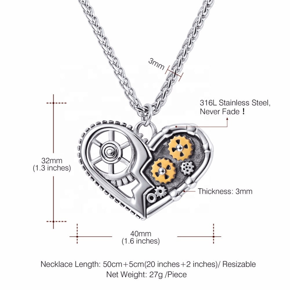 Quality Black Stainless Steel Mechanical Gear Heart Pendant Necklaces