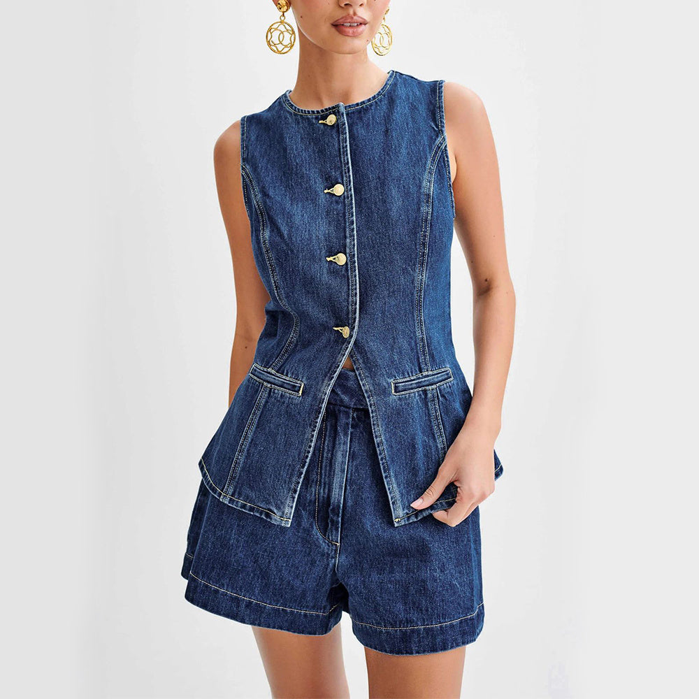 Fashion Denim Suit Summer Casual Sleeveless Button Vest Top