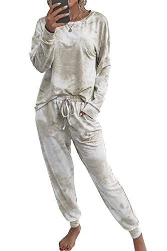 PRETTYGARDEN Women's Tie Dye Two Piece Tracksuit Set Long Sleeve Sweatshirt with Long Pants (Grey,X-Large)