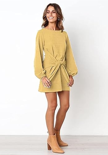 PRETTYGARDEN Women’s Elegant Long Lantern Sleeve Short Dress Crewneck Tie Waist Knit Cocktail Dress Dark Green