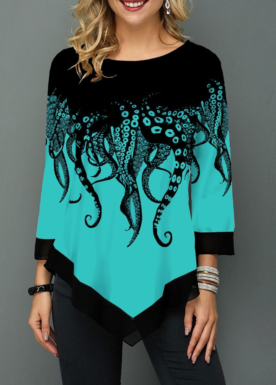 Printed stitching cropped sleeve T-shirt