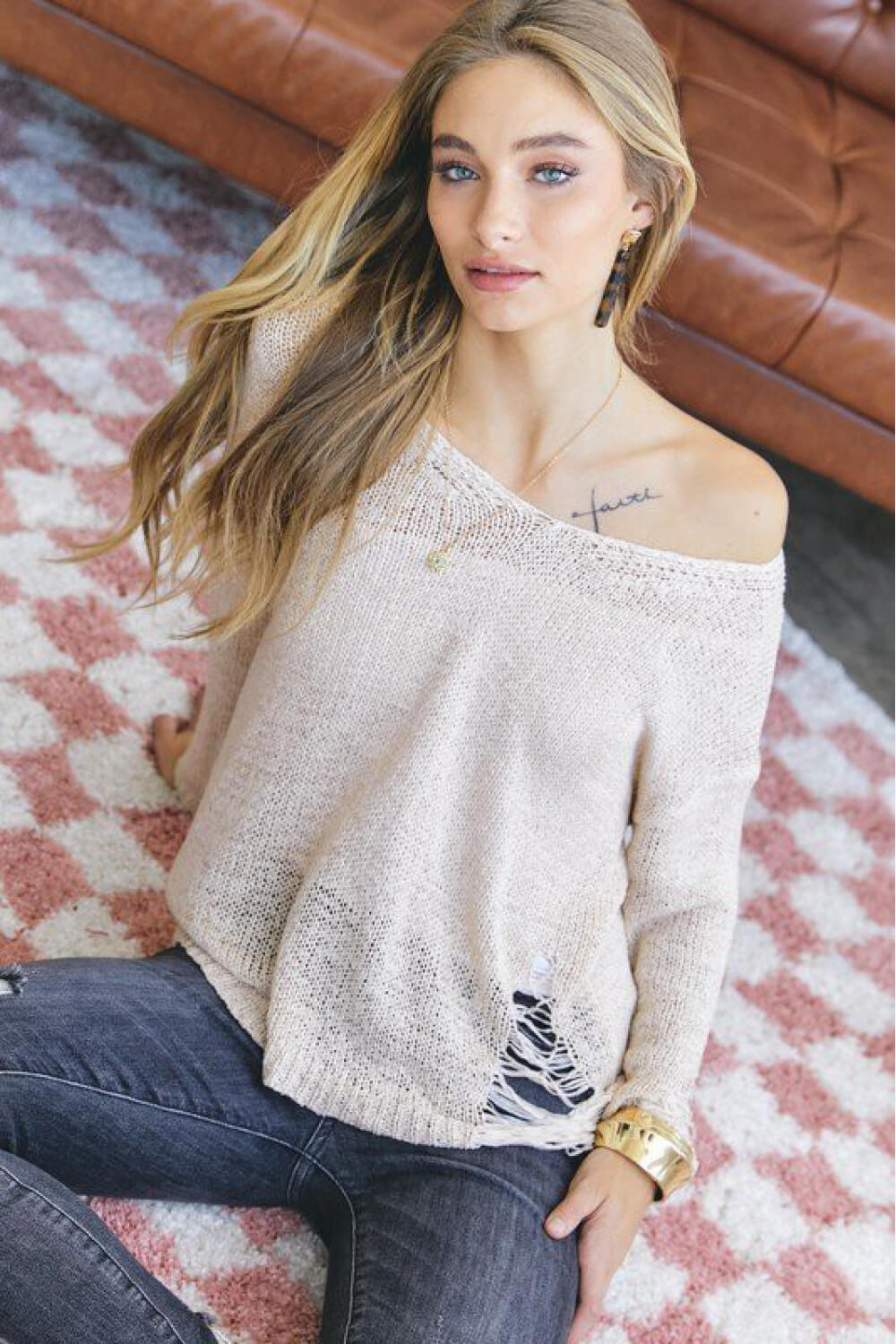 Davi & Dani Distressed Drop Shoulder Knit Top