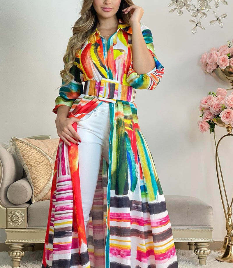 Women's European And American New Color Print Lace Up Long Shirt Dress