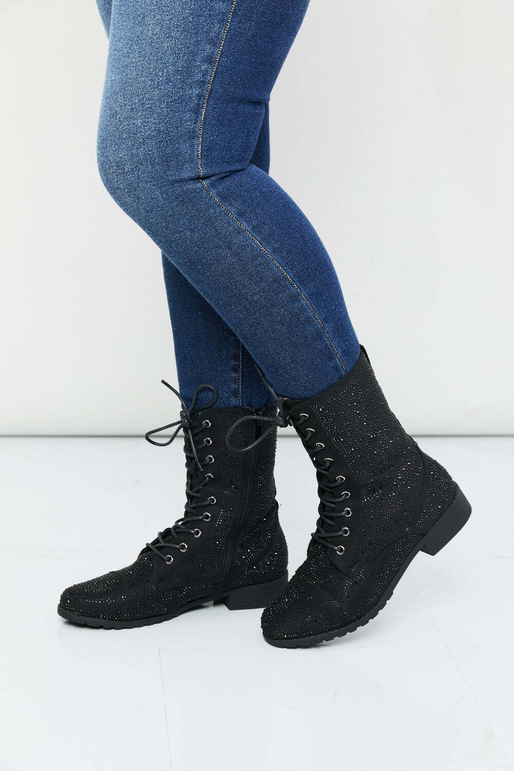Forever Link Rhinestone Lace-Up Combat Booties