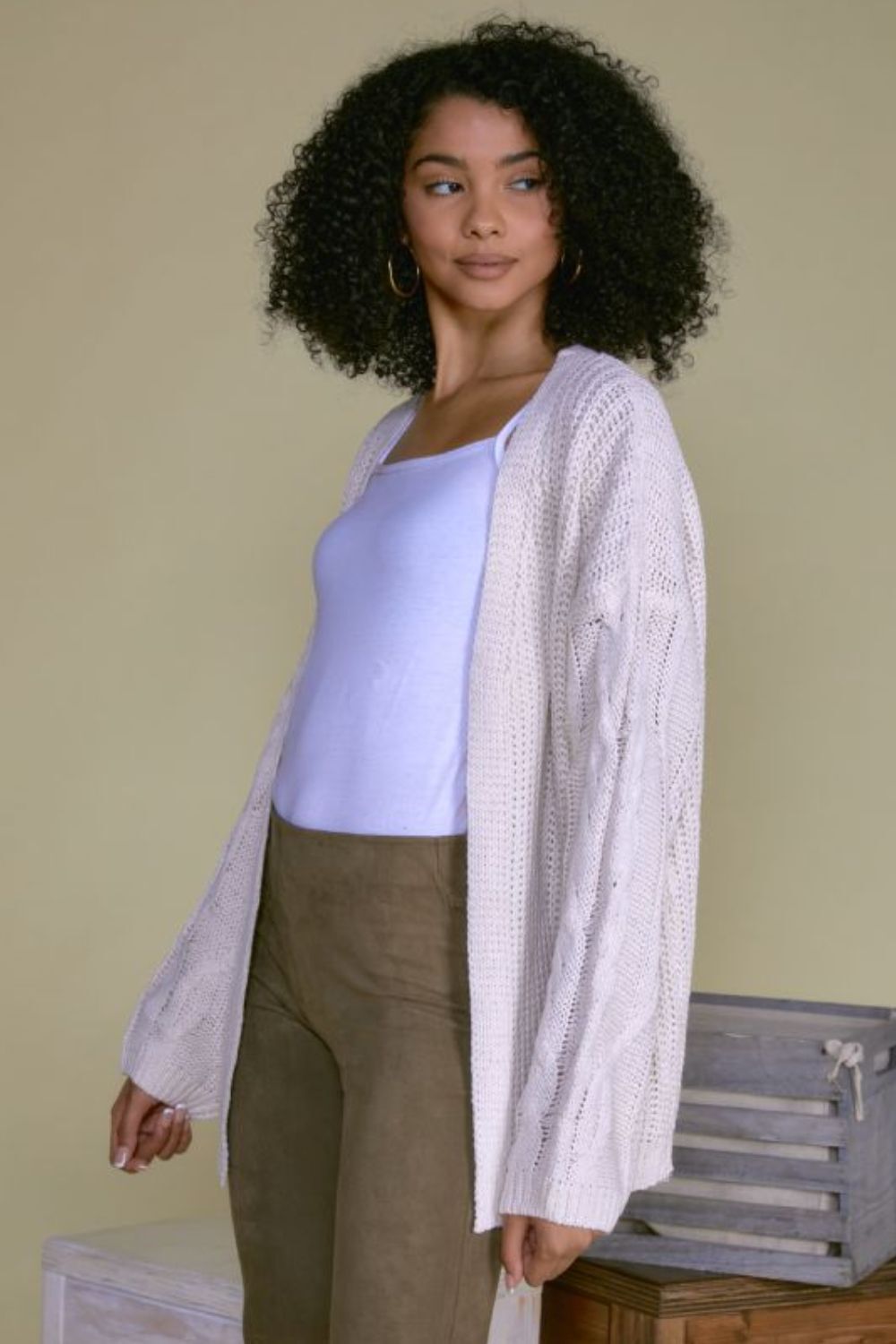 Davi & Dani Full Size Cable-Knit Open Front Cardigan