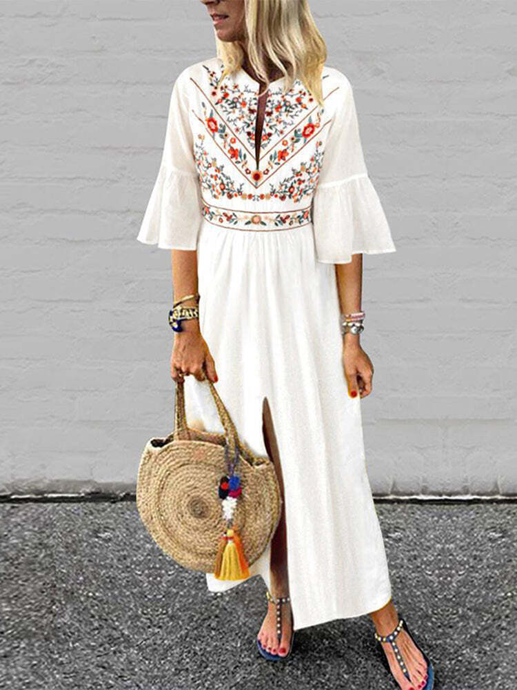 Bohemian Floral Print Flare Sleeve High Split Long Maxi Dress