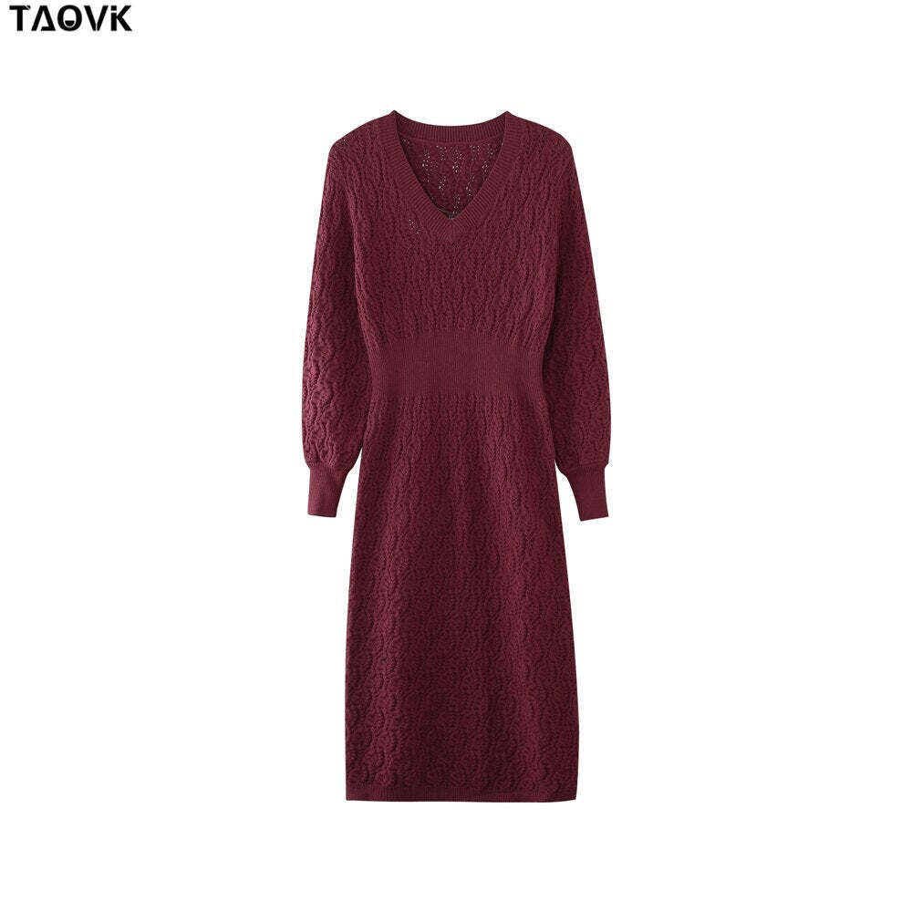 TAOVK Women's Solid color Costume Knitted V-neck Hollow Lantern