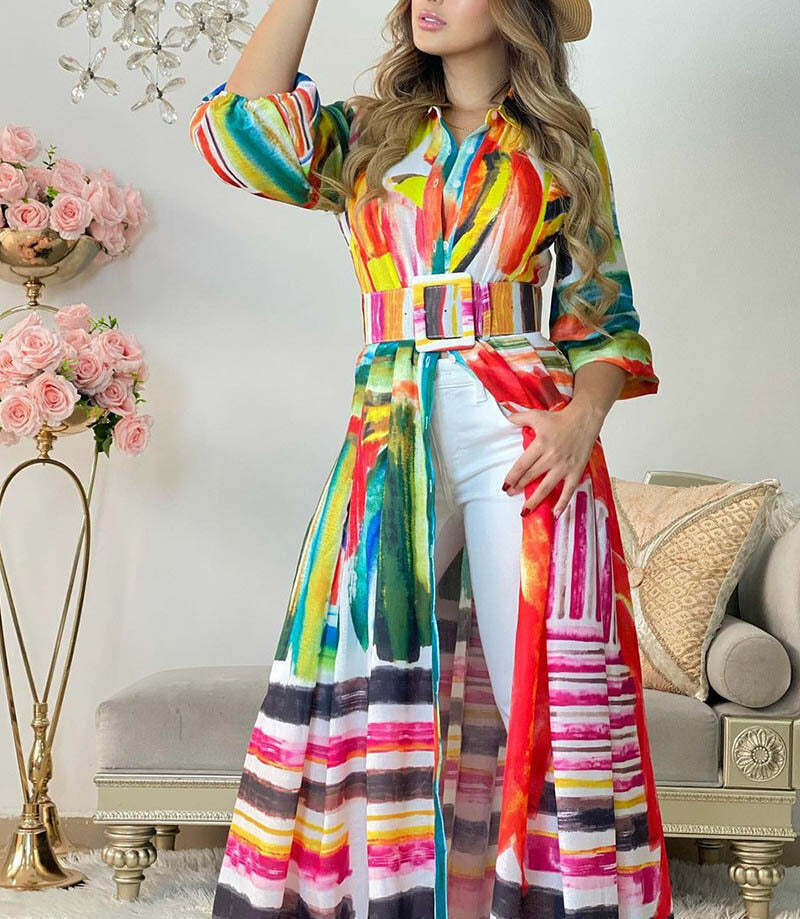 Women's European And American New Color Print Lace Up Long Shirt Dress