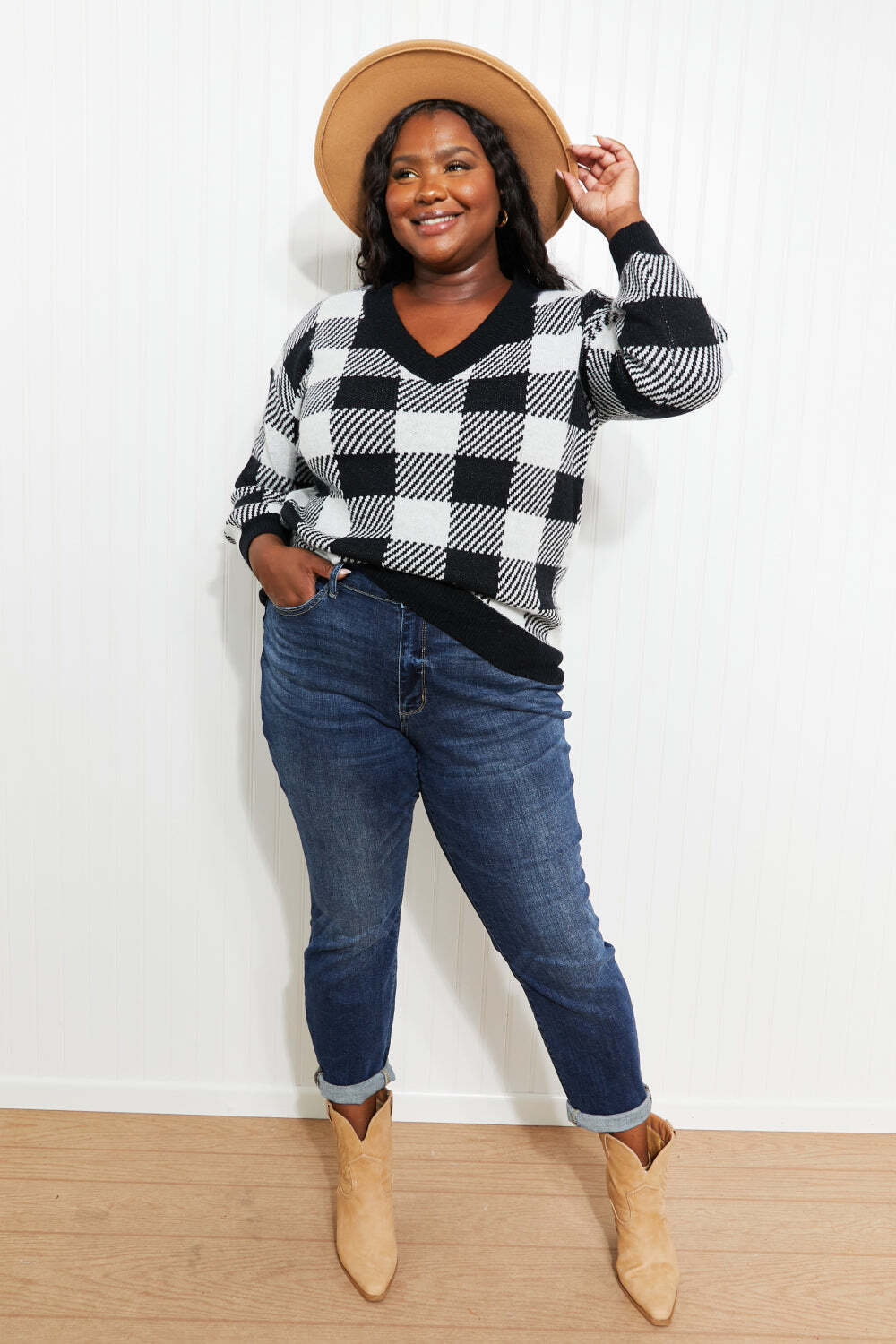 Heimish Plaid and Personality Full Size V-Neck Sweater