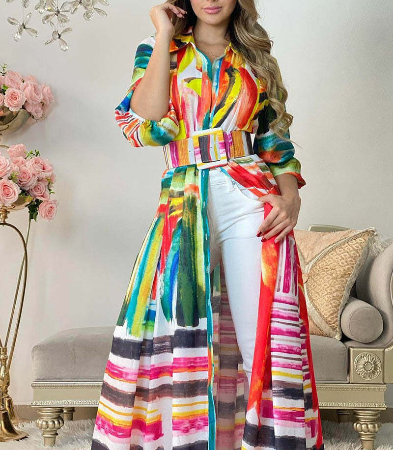 Women's European And American New Color Print Lace Up Long Shirt Dress