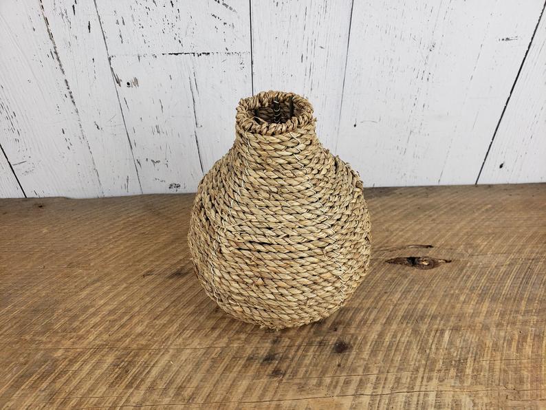 Vintage Weaved Wicker & Metal Vase