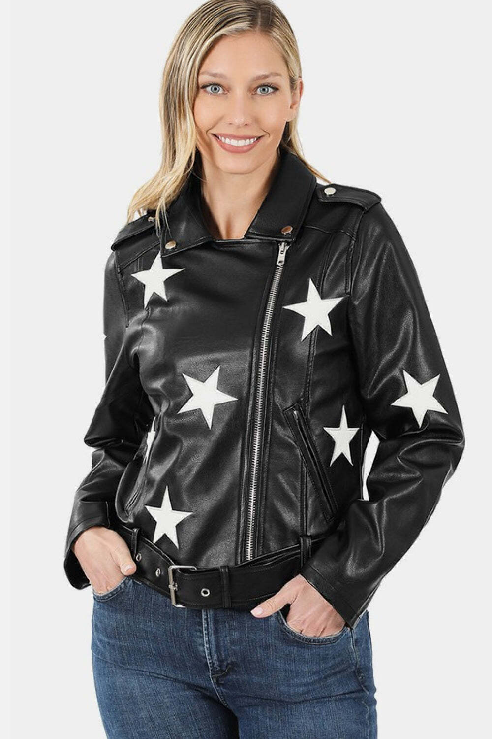 Zenana Vegan Leather Star Patch Moto Jacket