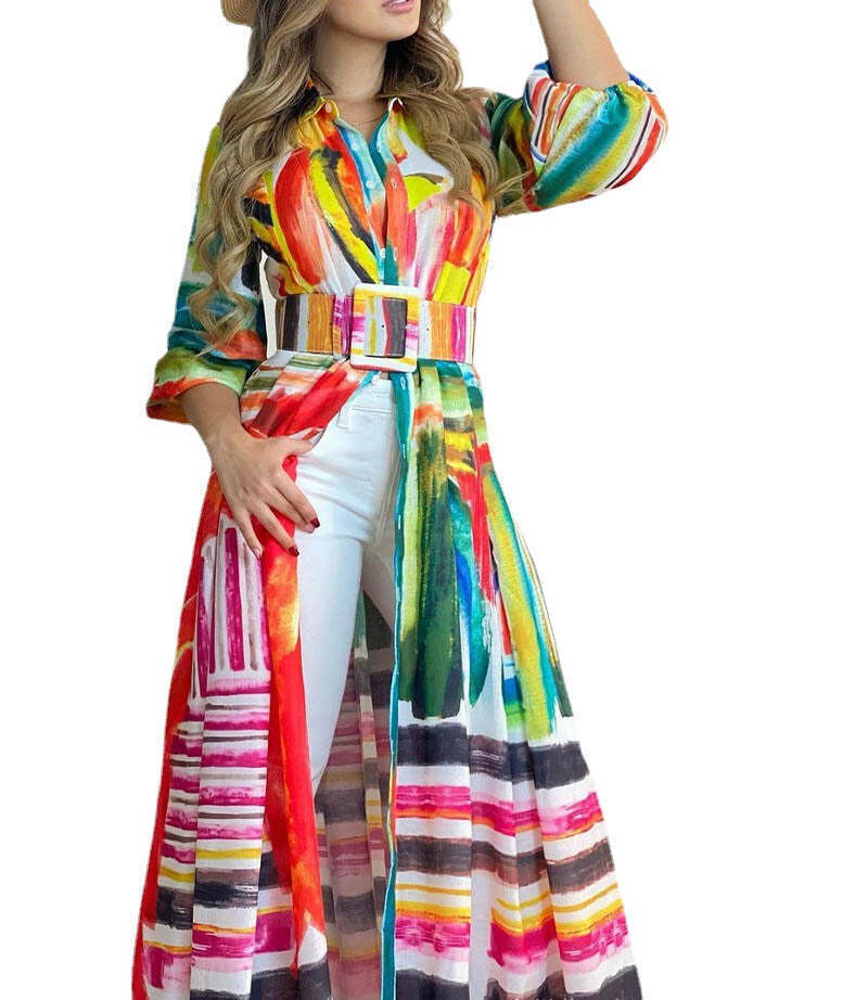 Women's European And American New Color Print Lace Up Long Shirt Dress